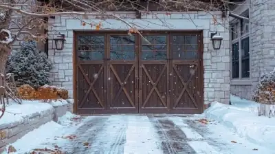Wooden carriage-style garage door on a snow-covered driveway, illustrating a freeze-thaw winter scenario
