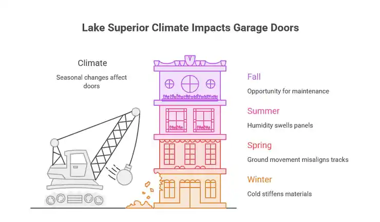 Infographic showing how Lake Superior seasons affect garage doors: winter cold stiffens materials, spring ground movement misaligns tracks, summer humidity swells panels, and fall is the time for maintenance